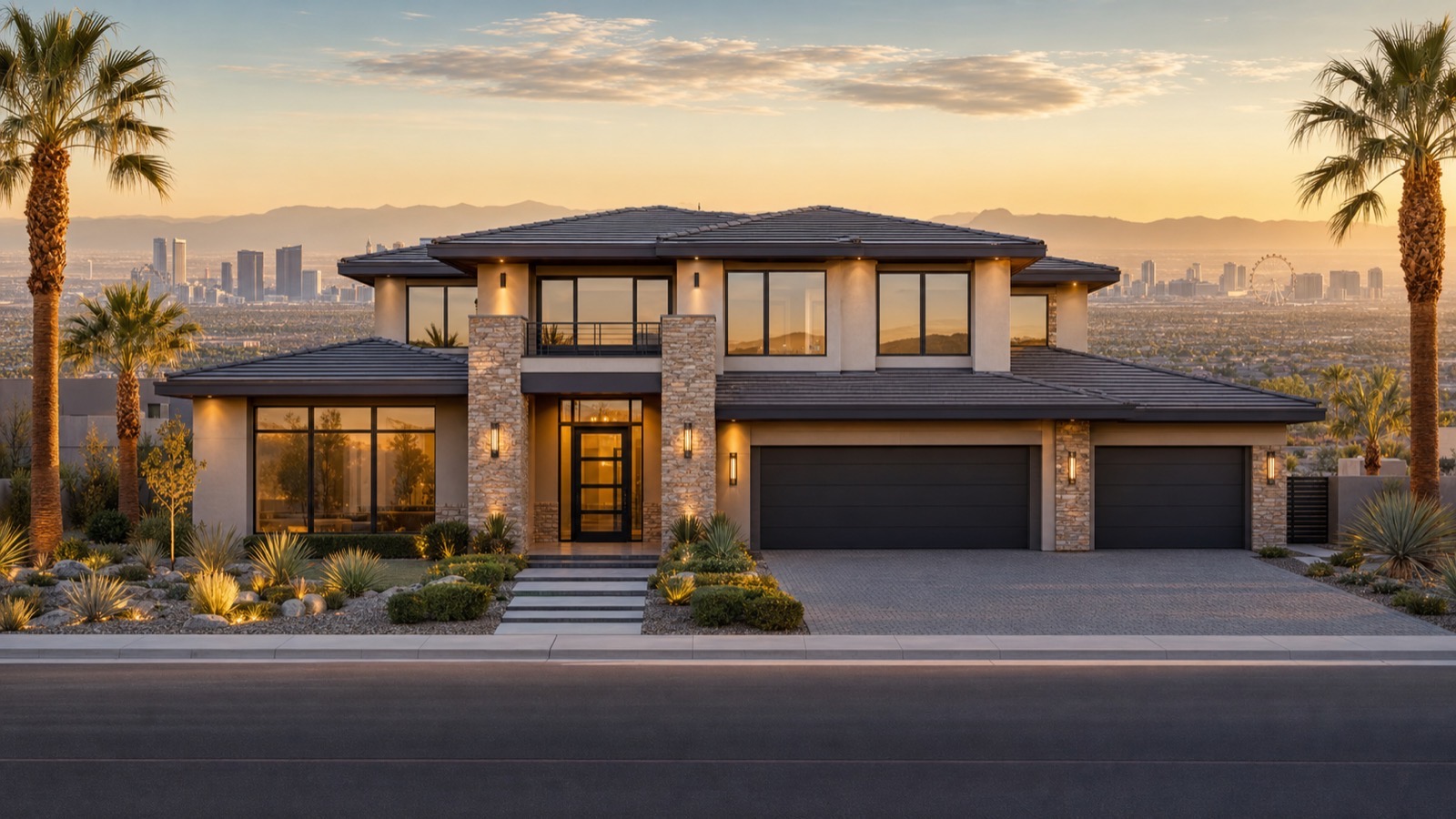 Newer Summerlin village with contemporary homes, desert landscaping, and the Spring Mountains behind