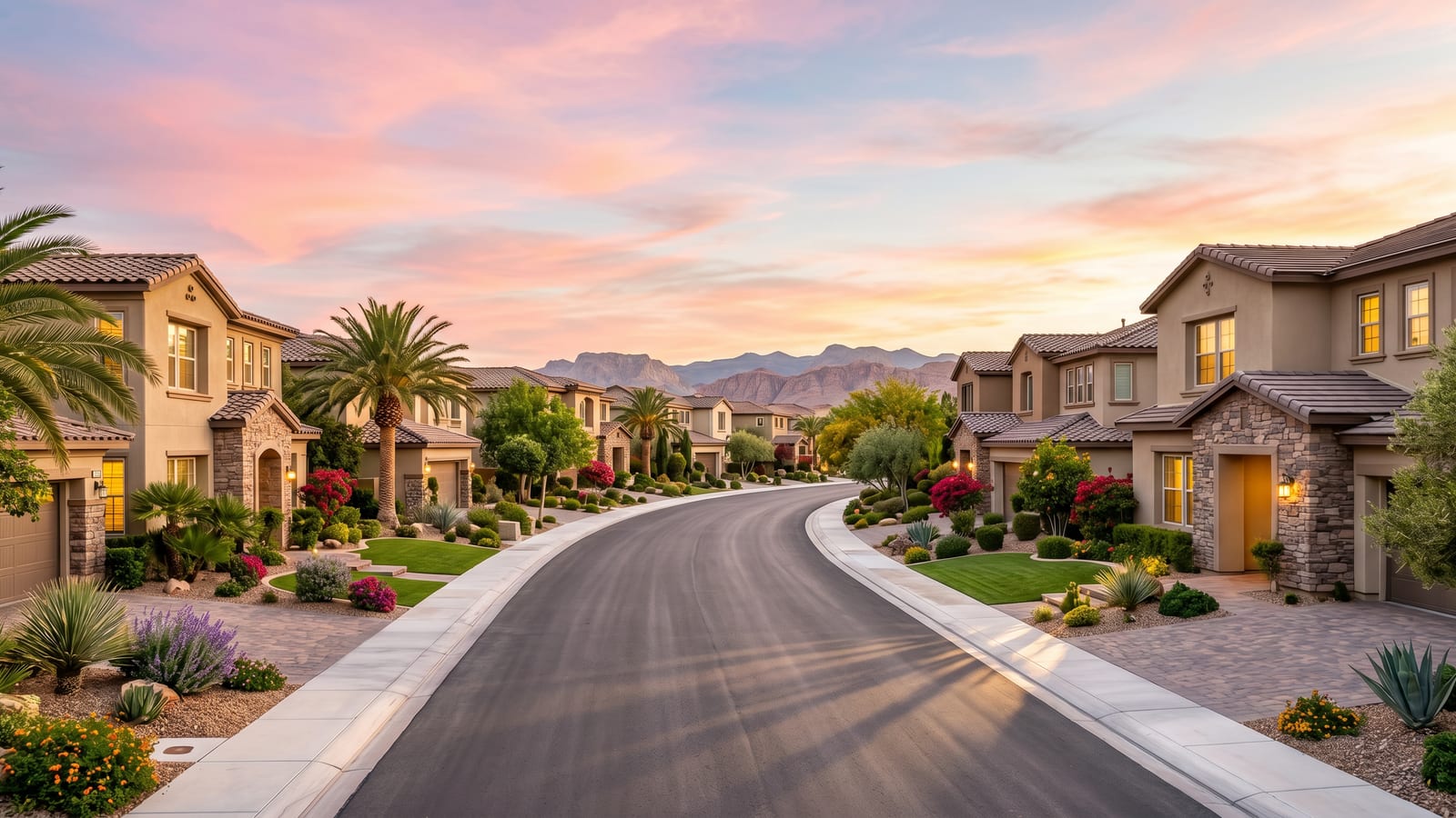 The Paseos Summerlin curved residential street with mature landscaping established mid-1990s Mediterranean homes and warm afternoon light